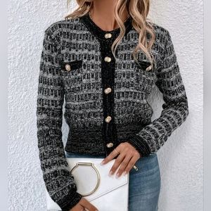 Black & White Lined Knit Gold Button-Down Long Sleeve Cardigan Sweater